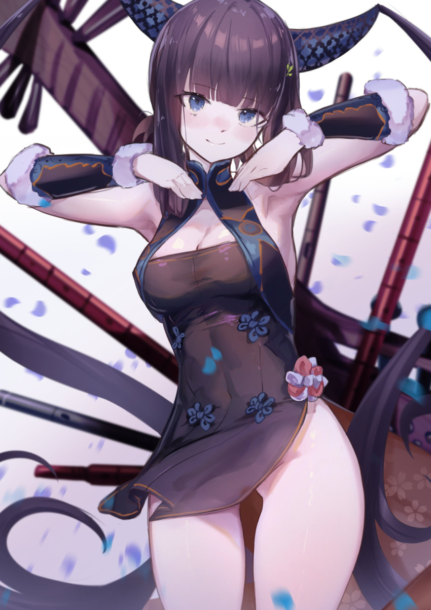 1girl bare_shoulders black_dress blue_eyes blush breasts china_dress chinese_clothes cleavage detached_sleeves dress fate/grand_order fate_(series) flute hair_ornament highres instrument large_breasts leaf_hair_ornament long_hair looking_at_viewer pipa_(instrument) purple_hair side_slit sidelocks smile solo thighs twintails ura_illust very_long_hair yang_guifei_(fate)