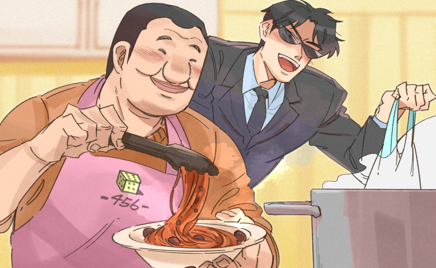 1-nichi_gaishutsuroku_hanchou 2boys absurdres apron bag big_nose black_hair black_jacket black_necktie blazer blush buzz_cut closed_eyes closed_mouth collared_shirt commentary_request cooking cooking_pot food highres holding holding_tongs inudori jacket kaiji lips long_sleeves male_focus meatball medium_bangs miyamoto_hajime multiple_boys necktie ootsuki_(kaiji) open_mouth orange_shirt parted_bangs pasta pink_apron plastic_bag shirt short_hair sleeves_rolled_up smile spaghetti spaghetti_and_meatballs suit sunglasses tongs upper_body very_short_hair white_shirt