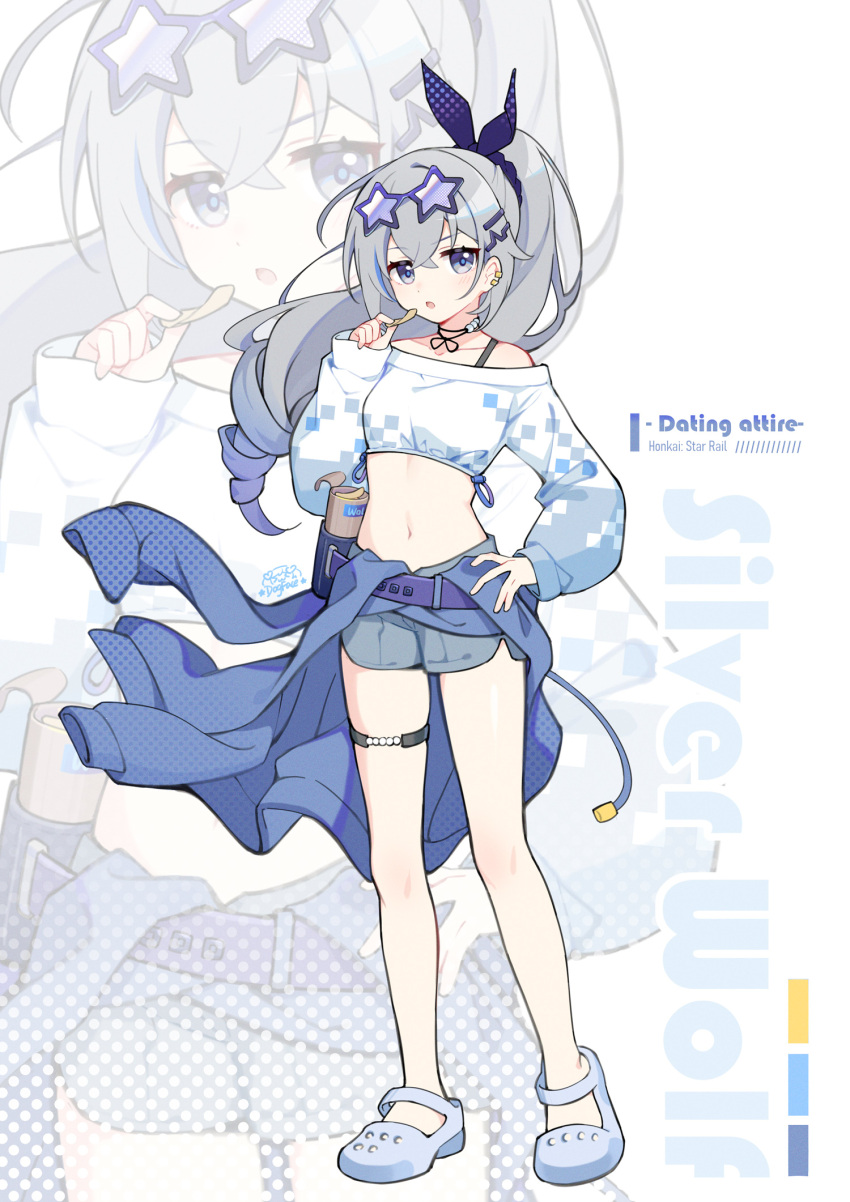 1girl :o alternate_costume bare_legs bare_shoulders blue_eyes blue_jacket clothes_around_waist crocs crop_top eyewear_on_head full_body gou_lianlian_dogface gradient_hair grey_hair grey_shorts hair_ribbon highres honkai:_star_rail honkai_(series) jacket jacket_around_waist long_hair long_sleeves looking_at_viewer midriff multicolored_hair navel off_shoulder open_mouth ponytail ribbon shirt short_shorts shorts silver_wolf_(honkai:_star_rail) solo standing star-shaped_eyewear stomach sunglasses thigh_strap thighs white_shirt zoom_layer