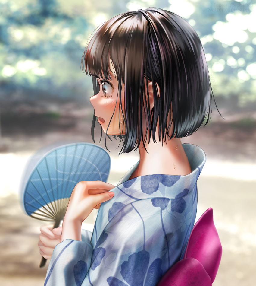 1girl :o black_hair blurry blurry_background bob_cut brown_eyes commentary day fanning_self hand_fan highres holding holding_fan japanese_clothes kimono medium_hair original outdoors paper_fan profile sarekoube summer sweat uchiwa white_kimono yukata