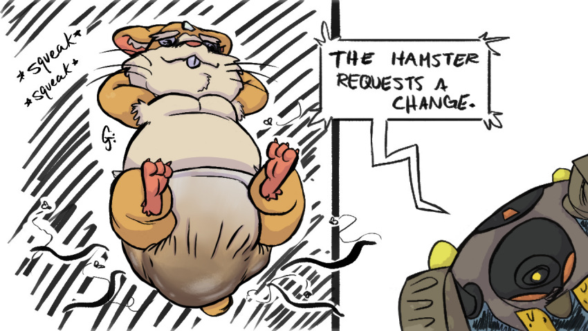 anthro blizzard_entertainment blush buckteeth clothed clothing color_edit colored cricetid dialogue diaper diaper_fetish diaper_only digital_media_(artwork) english_text feces full_diaper fur hammond_(overwatch) hamster legs_up looking_at_viewer lying male mammal messy_diaper on_back overwatch rodent scat simple_background smelly smile soiled soiled_diaper soiling solo speech_bubble stink_lines tail teeth text third-party_edit topless waitfurgodot wearing_diaper whiskers