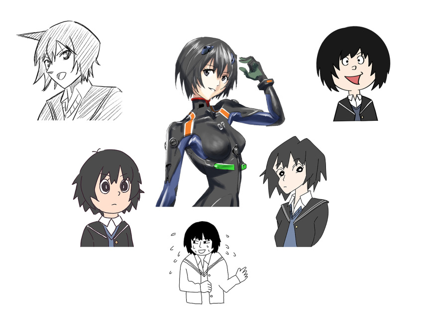 1girl :d amagami antenna_hair arm_at_side arms_at_sides averting_eyes ayanami_rei ayanami_rei_(cosplay) black_bodysuit black_eyes black_hair black_jacket blazer blue_bodysuit blue_sweater bodysuit breasts bright_pupils closed_mouth collared_shirt commentary cosplay crayon_shin-chan crossover doraemon dress_shirt ebisu_yoshikazu_(style) flying_sweatdrops hand_on_own_stomach hand_up hatching_(texture) highres interface_headset jacket light_frown looking_at_viewer looking_to_the_side medium_breasts meitantei_conan multiple_views nanasaki_ai neon_genesis_evangelion nervous nervous_sweating open_clothes open_jacket open_mouth orange_bodysuit oshizu parody parted_lips pilot_suit plugsuit sazae-san shirt short_hair simple_background skin_tight smile solo spiked_hair style_parody sweat sweater upper_body white_background white_pupils white_shirt