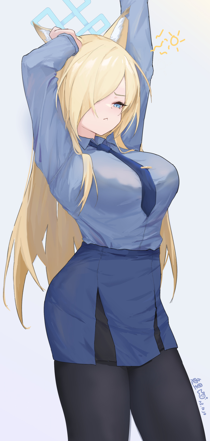 1girl :&lt; absurdres animal_ear_fluff animal_ears arm_up black_pants blonde_hair blue_archive blue_background blue_eyes blue_halo blue_necktie blue_shirt blue_skirt breasts closed_mouth commentary_request gradient_background hair_over_one_eye halo highres kanna_(blue_archive) large_breasts lkovn956271 long_sleeves looking_at_viewer necktie pants shirt skirt solo