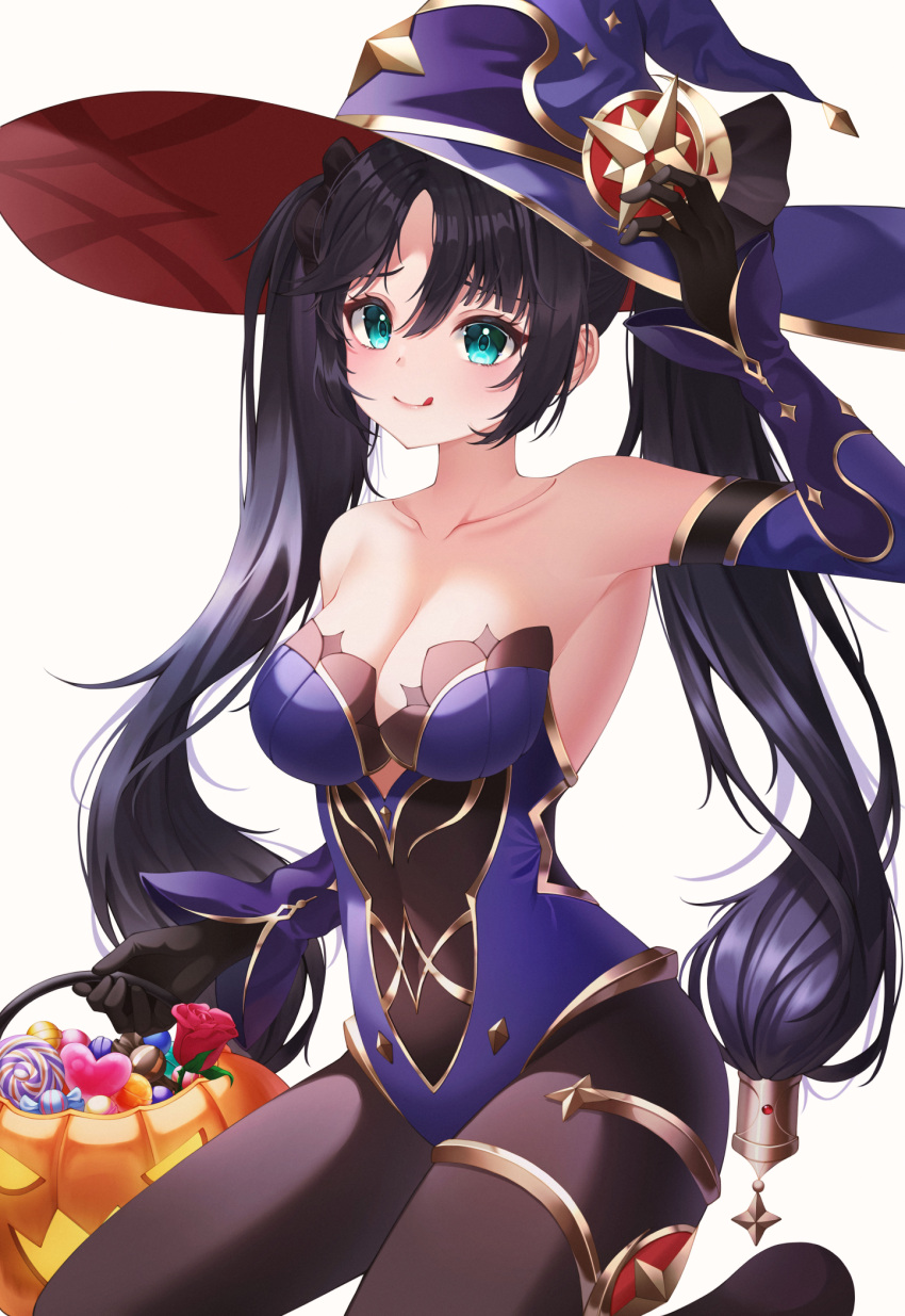 1girl :q arm_up armpits bare_shoulders black_gloves black_hair blue_eyes blue_leotard bow breasts brown_pantyhose cleavage closed_mouth collarbone covered_navel detached_sleeves genshin_impact gloves gold_trim hair_bow halloween_bucket hat highres leotard long_hair long_sleeves looking_at_viewer luna_bloom medium_breasts mona_(genshin_impact) no_capelet pantyhose parted_bangs purple_headwear simple_background smile solo strapless strapless_leotard thighlet tongue tongue_out twintails very_long_hair white_background witch_hat
