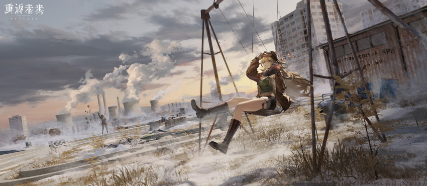 1boy 1girl abandoned absurdres ata-zhubo blonde_hair blue_eyes boots brown_footwear brown_jacket building cloud evening flask goggles goggles_on_head green_shirt highres holding holding_flask jacket knee_boots long_hair nuclear_powerplant original outdoors scenery shirt short_shorts shorts sky soldier solo_focus spill star_(symbol) star_print swing swing_set