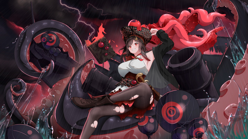 1girl absurdres arm_up azur_lane bjayers black_hair black_jacket boots breasts brown_footwear brown_pantyhose cannon corset cutlass foot_out_of_frame hat highres jacket large_breasts lightning looking_at_viewer open_clothes open_jacket pantyhose pirate pirate_costume pirate_hat rain red_corset red_eyes royal_fortune_(azur_lane) sheath sheathed smile solo tentacle_hair tentacles torn_clothes torn_pantyhose water_drop