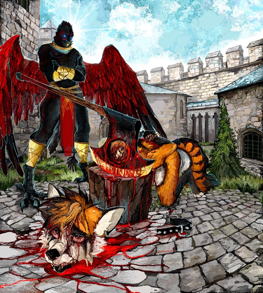 anthro avian axe canid canine duo european_mythology execution executioner fox gore greek_mythology jeffusherb male male/male mammal mythological_avian mythological_firebird mythology phoenix public saerro xial