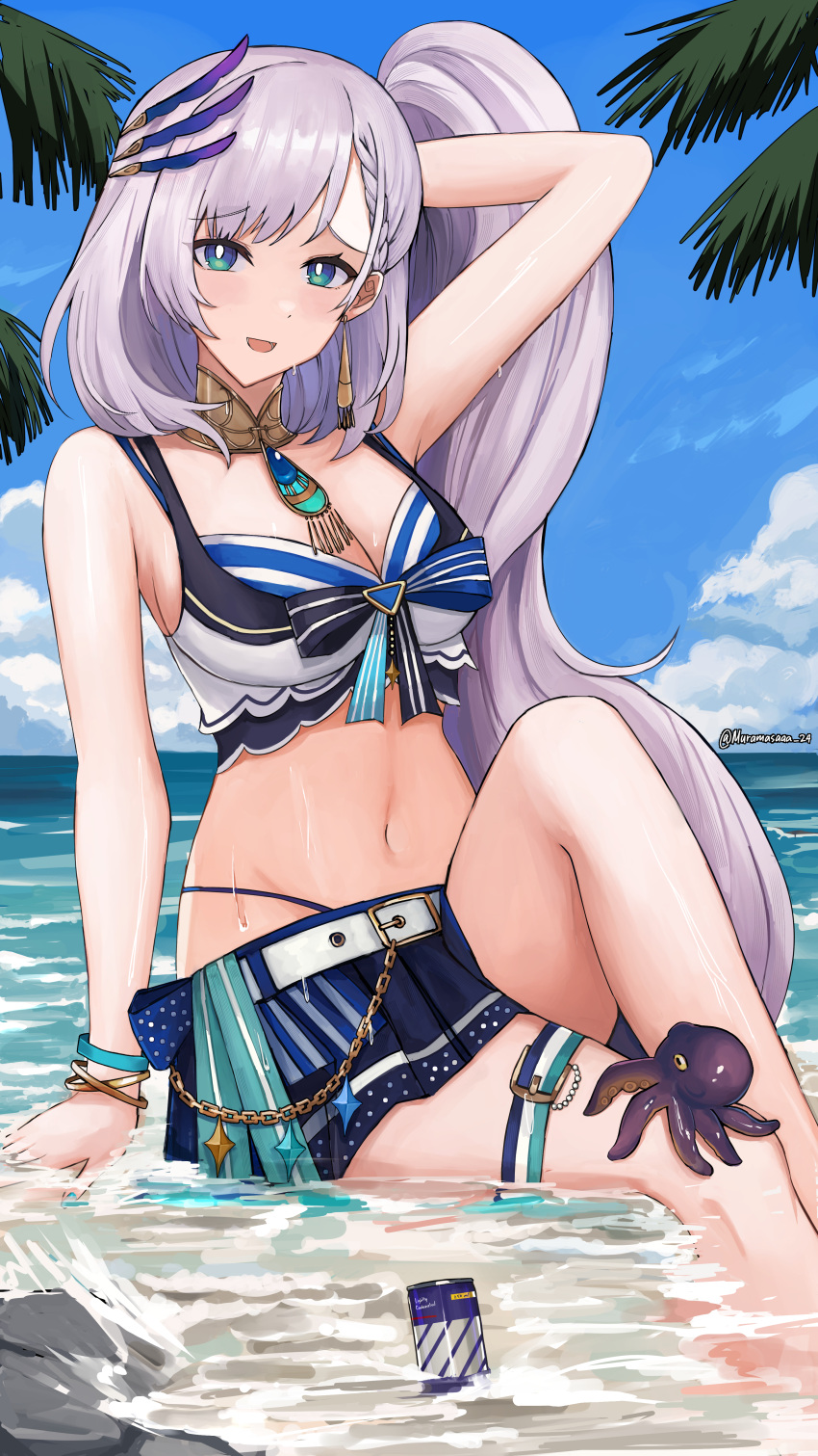 1girl absurdres bare_shoulders belt bikini bikini_skirt bikini_under_shorts blue_eyes blue_skirt blush braid braided_bangs breasts cleavage cloud cloudy_sky day earrings feather_hair_ornament feathers front-tie_bikini_top front-tie_top grey_hair hair_ornament highleg highleg_bikini highres hololive hololive_indonesia hololive_summer_2023_swimsuit jewelry large_breasts layered_bikini long_hair looking_at_viewer muramasa_dash navel official_alternate_costume open_mouth outdoors overskirt pavolia_reine skirt sky smile solo striped striped_bikini swimsuit two-tone_bikini virtual_youtuber white_belt white_bikini