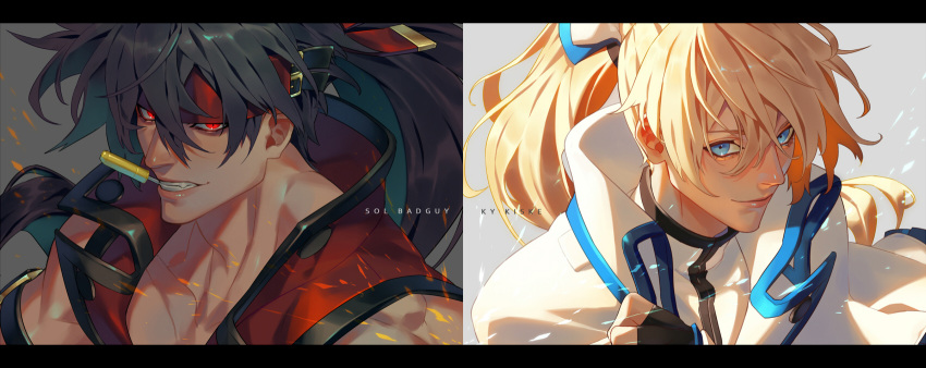 2boys artist_name black_gloves blonde_hair blue_eyes brown_hair father-in-law_and_son-in-law fingerless_gloves forehead_protector gloves guilty_gear guilty_gear_xrd hair_between_eyes headband highres ky_kiske long_hair long_sleeves looking_at_viewer male_focus multiple_boys muscular muscular_male ponytail red_eyes ribbon smile sol_badguy spiked_hair tail tail_ornament tail_ribbon talgi