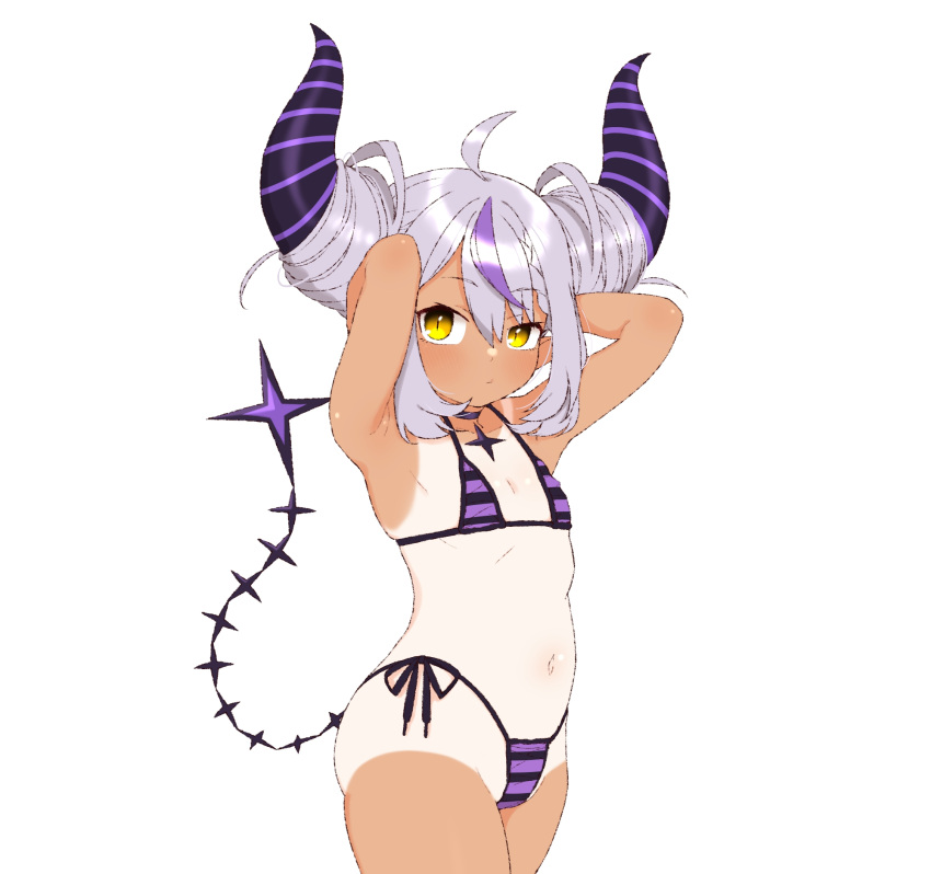 1girl ahoge armpits arms_behind_head bikini black_bikini blush braid braided_bangs choker demon_horns double_bun flat_chest grey_hair hair_between_eyes hair_bun highleg highleg_bikini highres hololive horns jacket la+_darknesss long_hair looking_at_viewer multicolored_hair navel okunin one-piece_tan pointy_ears purple_bikini purple_hair side-tie_bikini_bottom simple_background slit_pupils solo star_(symbol) star_choker stomach streaked_hair striped striped_bikini striped_horns swimsuit tail tan tanlines virtual_youtuber white_background yellow_eyes