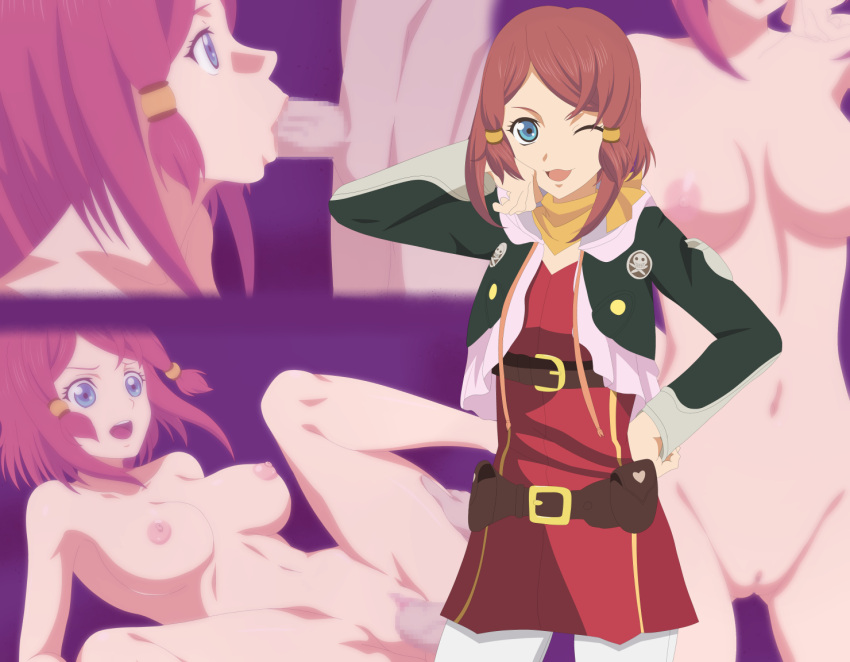 1boy 1girl belt blue_eyes breasts brown_hair fellatio hetero hood hoodie looking_at_viewer mamold_duck mouth_out_of_frame multiple_views nude oral penis pussy rose_(tales) sex short_hair smile tales_of_(series) tales_of_zestiria