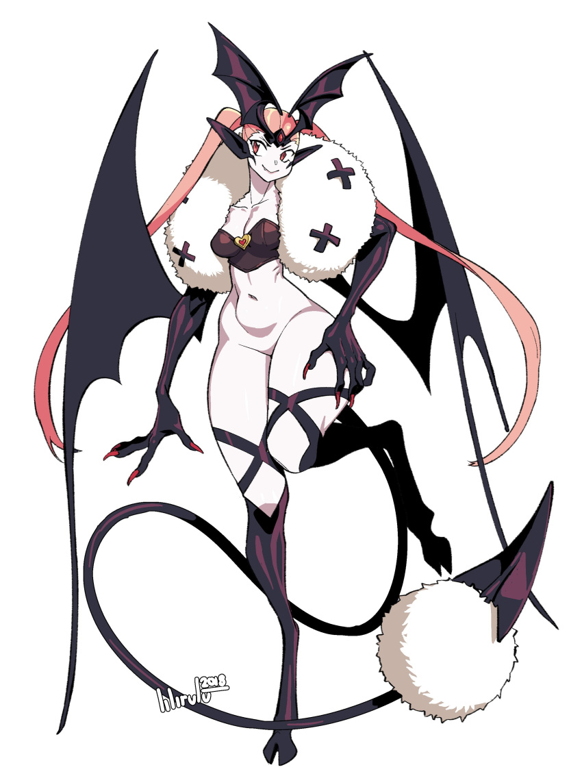 absurd_res bottomless breasts clawed_fingers claws cleavage clothed clothing dated demon demon_humanoid female full-length_portrait hair hi_res hooves humanoid lilirulu membrane_(anatomy) membranous_wings midriff navel pink_eyes pink_hair portrait signature simple_background smile solo spade_tail tail twintails_(hairstyle) white_background wings