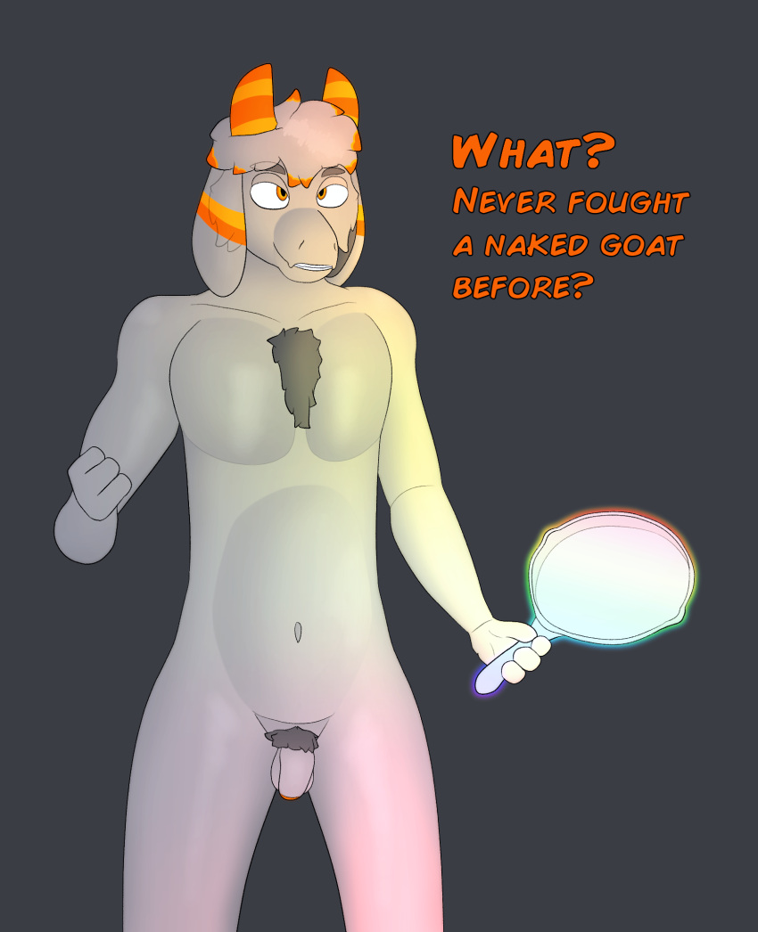 anthro balls bovid caprine chest_tuft cookware flaccid floppy_ears frying_pan fur genitals goat grey_body grey_fur gusta gusta_(gusta) hair hi_res holding_object holding_weapon horn kitchen_utensils male mammal melee_weapon multicolored_outline nude orange_eyes orange_horn orange_stripes outline penis pubes rainbow_outline solo standing stripes tools tuft weapon