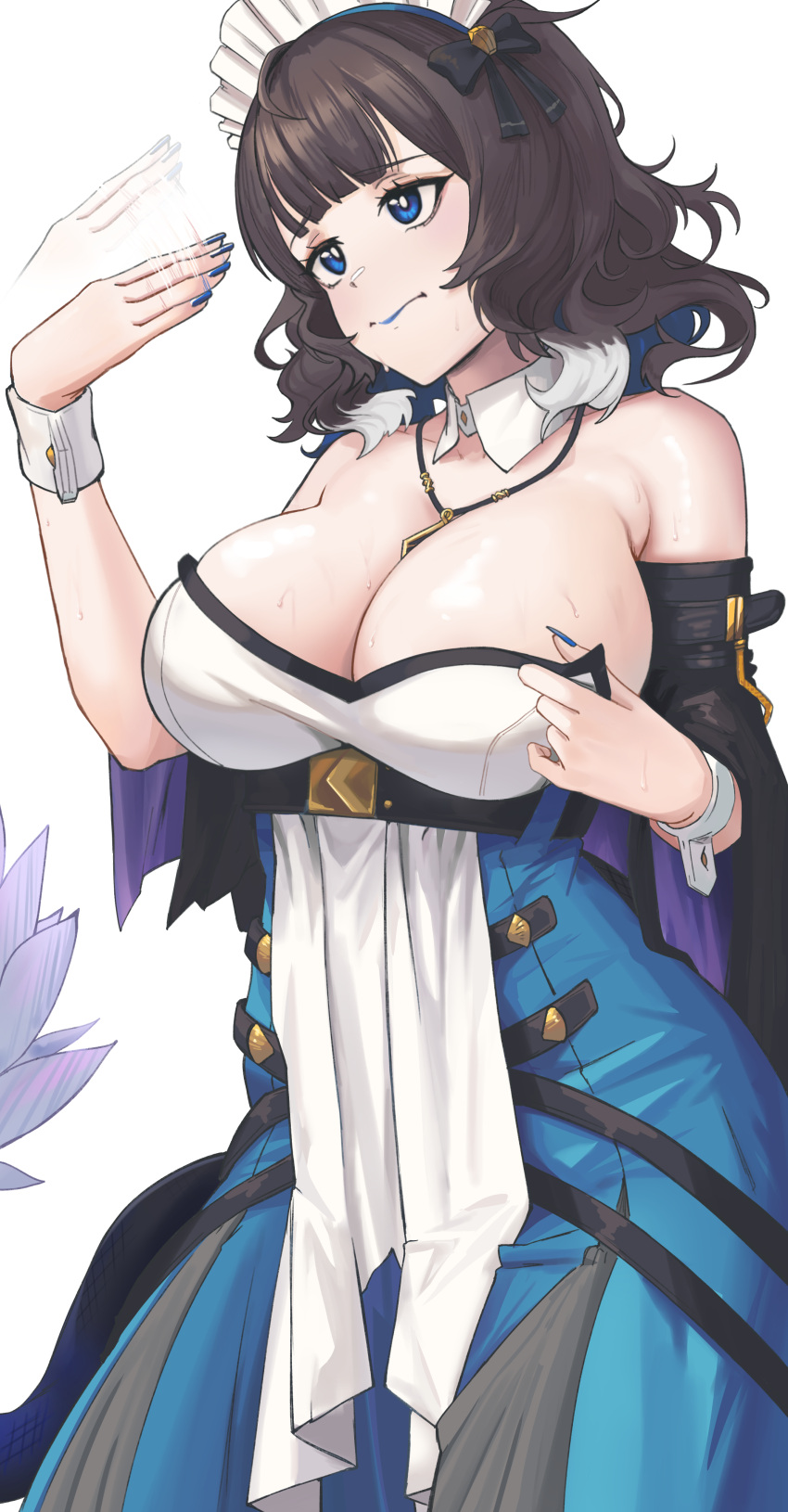 1girl absurdres arknights black_hair blue_eyes blue_lips blue_nails blue_skirt blunt_bangs breasts cleavage commentary detached_sleeves dress hand_up head_tilt highres jewelry kjera_(arknights) kjera_(ingenious_servant)_(arknights) large_breasts maid maid_headdress nail_polish necklace official_alternate_costume radioneet short_hair simple_background skirt solo strapless strapless_dress upper_body white_background white_dress wrist_cuffs