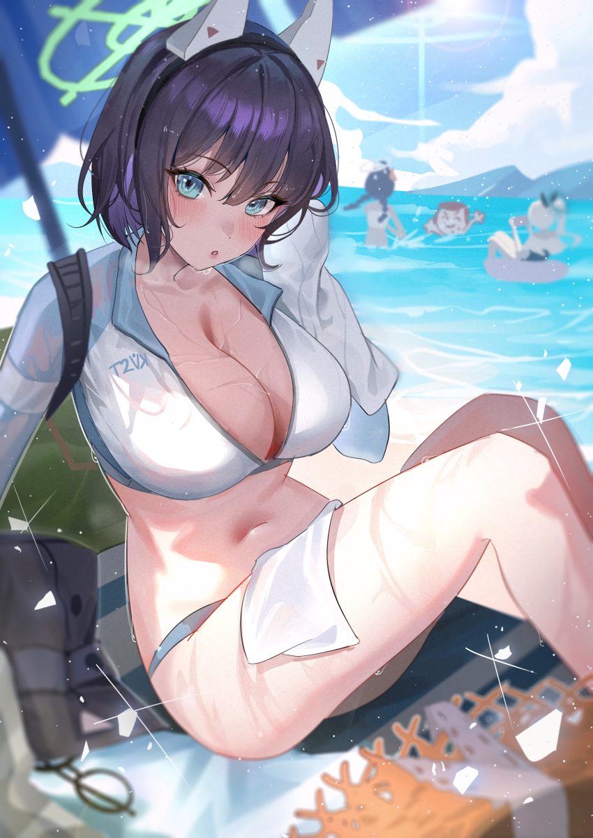 1boy 3girls :o absurdres arona's_sensei_doodle_(blue_archive) bag beach beach_towel beach_umbrella blue_archive blue_eyes blue_sky blush breasts character_request cleavage cloud crop_top day eyewear_removed glasses hairband halo hat hat_removed headwear_removed highres knees_up large_breasts multiple_girls navel outdoors parted_lips purple_hair saki_(blue_archive) sensei_(blue_archive) short_hair sitting sky solo_focus stomach tansuan_(ensj3875) thighs towel umbrella water wet
