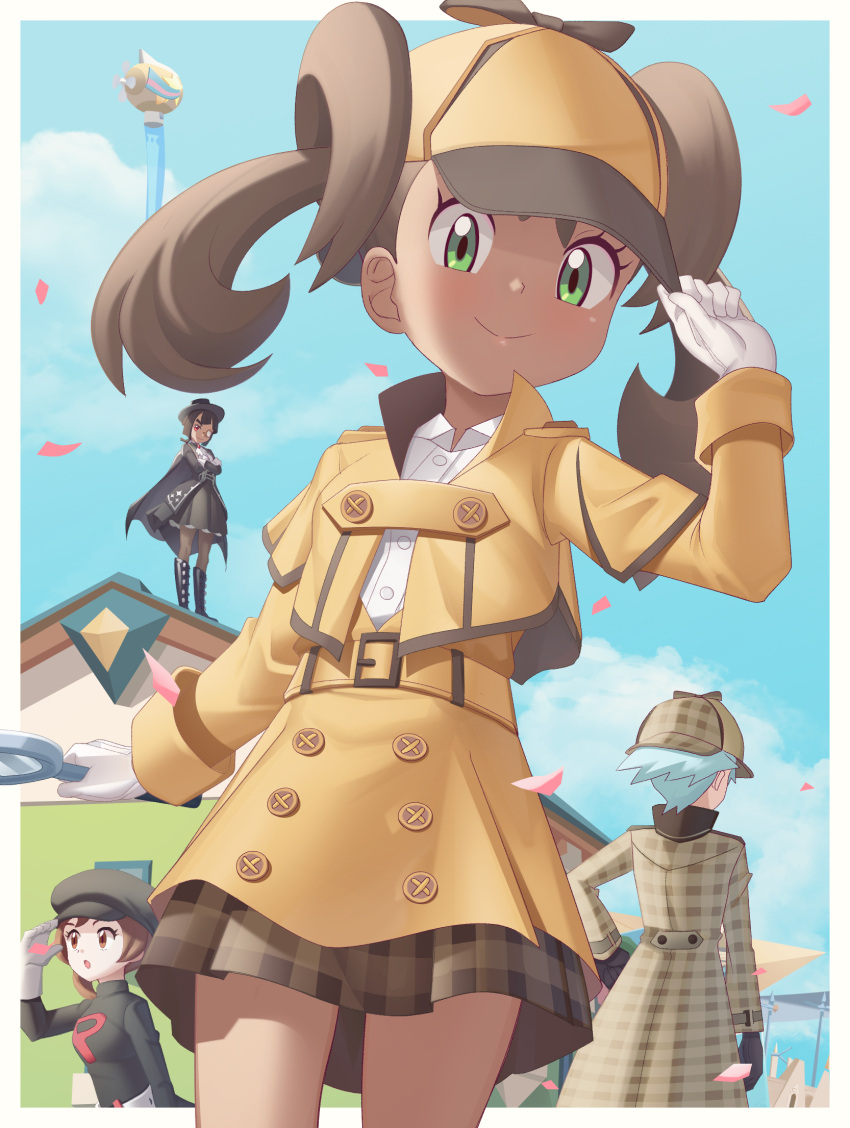 1boy 3girls aircraft belt border brown_hair brown_skirt building buttons closed_mouth cloud collared_shirt commentary_request confetti day dirigible eyelashes gazing_eye gloves green_eyes hand_up hat highres holding holding_magnifying_glass jacket long_sleeves looking_at_viewer looking_down lyra_(pokemon) magnifying_glass multiple_girls official_alternate_costume outdoors plaid plaid_skirt pokemon pokemon_(game) pokemon_hgss pokemon_masters_ex shauna_(pokemon) shauna_(special_costume)_(pokemon) shirt skirt sky smile steven_stone steven_stone_(special_costume) team_rocket team_rocket_uniform twintails white_border white_gloves white_shirt yellow_belt yellow_headwear yellow_jacket yellow_skirt zinnia_(pokemon) zinnia_(special_costume)_(pokemon)