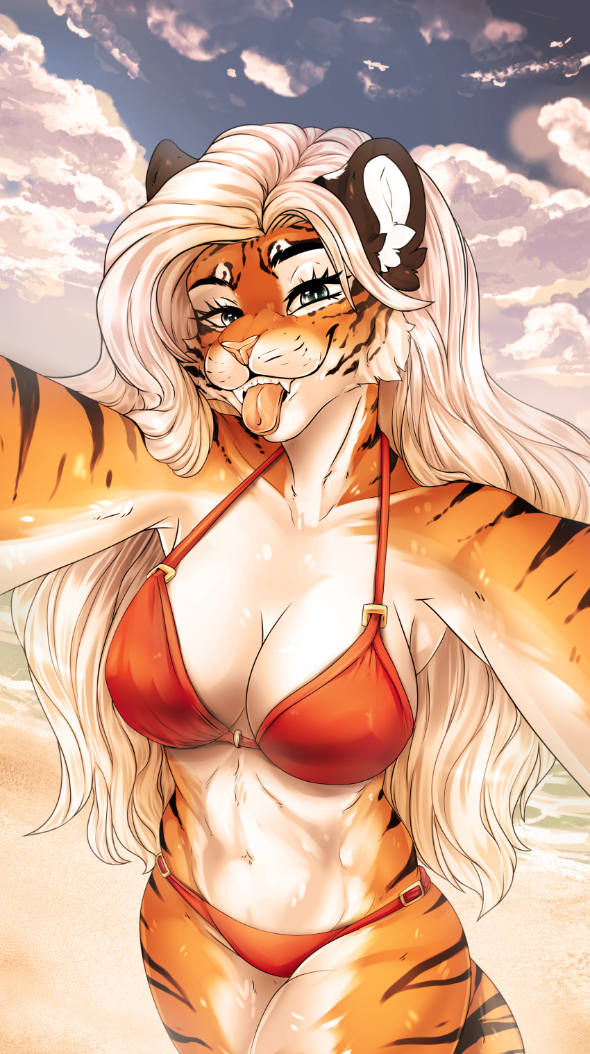 absurd_res anthro beach bikini blue_eyes clothed clothing felid female fur hair hi_res kristiana_puff mammal multicolored_body multicolored_fur pantherine posing_for_picture sand sea seaside selfie smile smiling_at_viewer solo striped_body striped_fur stripes sukena swimwear tail tiger tongue tongue_out two_tone_body two_tone_fur water white_body white_fur white_hair
