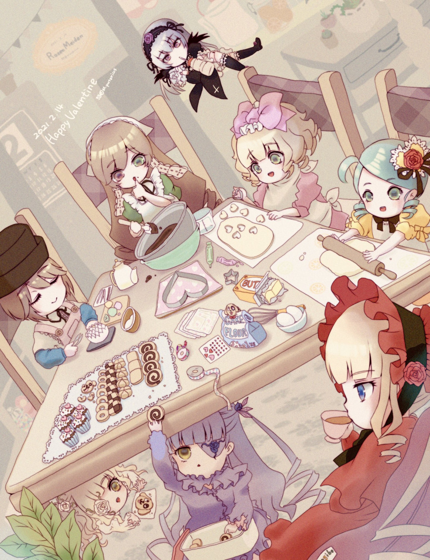 6+girls apron barasuishou black_dress blonde_hair blue_eyes bonnet brown_hair chair chocolate closed_eyes cookie cookie_cutter cooking cup cupcake dough dress drinking egg eyepatch flower flower_eyepatch flower_over_eye flying food green_dress green_eyes green_hair grey_hair happy_valentine hat heterochromia highres hinaichigo indoors kanaria kirakishou kiru_(m_putorius) lolita_fashion long_hair measuring_cup mixing_bowl multiple_girls open_mouth pink_dress pink_eyes purple_dress red_dress red_eyes rolling_pin rose rozen_maiden shinku short_hair sitting smile souseiseki suigintou suiseiseki table teacup top_hat under_table valentine whisk white_apron yakult yellow_dress yellow_eyes