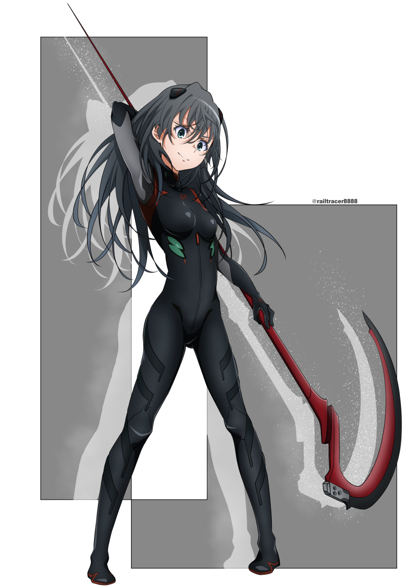 1girl absurdres ayanami_rei ayanami_rei_(cosplay) black_bodysuit black_hair bodysuit cosplay evangelion:_3.0+1.0_thrice_upon_a_time full_body green_eyes highres interface_headset long_hair neon_genesis_evangelion pilot_suit plugsuit railtracer8888 rebuild_of_evangelion saten_ruiko scythe solo standing toaru_kagaku_no_railgun toaru_majutsu_no_index