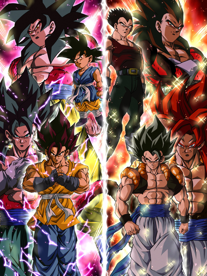 4boys abs absurdres aura biceps black_hair blue_eyes blue_sash blue_wristband body_fur closed_mouth dragon_ball dragon_ball_gt earrings frown gloves gogeta highres hiro_(udkod1ezlyi2flo) jewelry long_hair looking_at_viewer male_focus metamoran_vest monkey_boy monkey_tail multiple_boys muscular muscular_male no_nipples pants pectorals potara_earrings red_fur red_hair saiyan sash serious smile son_goku spiked_hair super_saiyan super_saiyan_4 tail vegeta vegetto