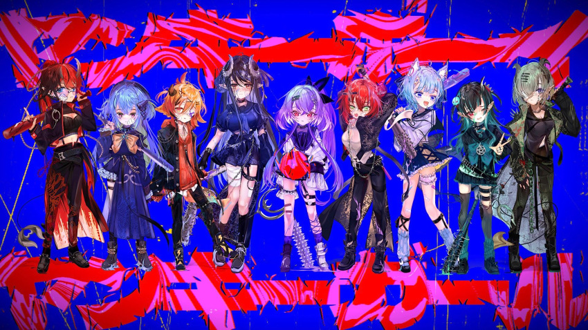 6+girls ahoge akane_canna alternate_costume arms_up bandaged_leg bandages baseball_bat belt black_belt black_footwear black_gloves black_hair black_jacket black_pants black_socks blue_dress blue_eyes blue_hair blue_necktie blue_serafuku blue_shirt blue_skirt blunt_bangs blush boots bow bowtie breasts button_gap chain cleavage closed_mouth commentary_request curled_horns delinquent demon_girl demon_horns demon_tail dress earrings eyepatch flat_chest flipped_hair frilled_sleeves frills full_body gauze glasses gloves green_eyes green_hair grey_horns hair_ornament hairclip hebiyoi_tier high_ponytail highres holding holding_baseball_bat horns jacket jewelry kazami_kuku large_breasts long_hair looking_at_viewer medical_eyepatch midriff miniskirt multicolored_hair multiple_earrings multiple_girls nail nail_bat nanashi_inc. navel necktie o-ring o-ring_thigh_strap official_art one_eye_closed open_clothes open_jacket open_mouth orange_bow orange_bowtie orange_dress orange_eyes orange_hair pants pentagram_necklace pink_eyes pointy_ears purple_hair red_eyes red_hair ryugasaki_rene school_uniform sekishiro_mico serafuku shirt shishio_chris shisui_kiki shoes shrug_(clothing) sidelocks skirt smile socks souya_ichika spiked_bat spiked_footwear spiked_gloves spiked_thighlet standing sukeban suzumi_nemo tail thigh_strap tokikosann two-tone_hair two_side_up very_long_hair virtual_youtuber white_shirt