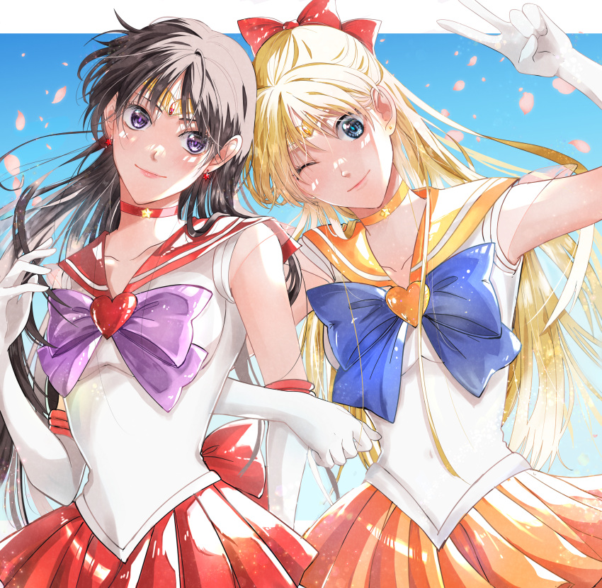 2girls absurdres bishoujo_senshi_sailor_moon blonde_hair blue_eyes bow brown_hair choker earrings elbow_gloves eyes_visible_through_hair gloves hair_bow highres jewelry long_hair looking_at_viewer multiple_girls one_eye_closed purple_eyes revd3448 sailor_collar sailor_mars sailor_senshi_uniform sailor_venus smile white_gloves