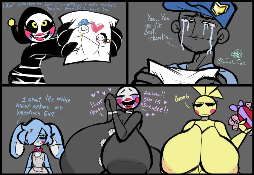 &lt;3 absurd_res animatronic annoyed anthro apron areola avian beakless big_breasts bird black_body black_sclera blue_body blue_hair bodily_fluids bow_tie breasts chicken clothing condom cumlord dialogue drawing eyes_closed facial_markings female five_nights_at_freddy's five_nights_at_freddy's_2 floppy_ears galliform gallus_(genus) green_eyes grey_areola grey_background grey_body grey_nipples group hair hair_over_eye head_feathers head_markings head_tuft hi_res holidays huge_breasts human humanoid hyper hyper_breasts lagomorph leporid lipstick lop_ears machine makeup male mammal marionette_(fnaf) markings nipples one_eye_obstructed open_mouth orange_areola orange_nipples phasianid pink_lipstick rabbit robot rosy_cheeks sad scottgames security_puppet_(fnaf) sexual_barrier_device simple_background tear_(marking) tears text toy_bonnie_(fnaf) toy_chica_(fnaf) tuft valentine's_day yellow_body yellow_eyes