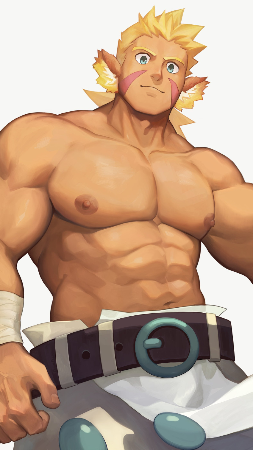 1boy abs absurdres animal_ears bandaged_arm bandages bara blonde_hair breath_of_fire breath_of_fire_iv cowboy_shot cray_(breath_of_fire) dark-skinned_male dark_skin gundan highres large_areolae large_belt large_hands large_pectorals leather_belt looking_at_viewer male_focus muscular muscular_male navel nipples pectorals short_hair solo stomach thick_eyebrows tiger_boy tiger_ears tiger_stripes topless_male veins veiny_hands