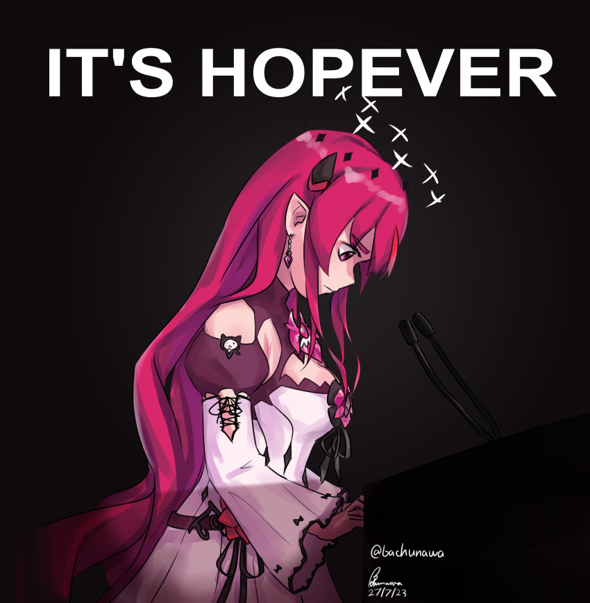 1girl absurdres artist_name bachunawa black_background breasts commentary dated detached_sleeves english_commentary english_text from_side frown halo highres hololive hololive_english horns irys_(1st_costume)_(hololive) irys_(hololive) it's_joever_(meme) lectern long_hair looking_down meme microphone multicolored_hair pink_eyes pointy_ears profile pun purple_hair red_hair signature simple_background solo standing star_halo twitter_username upper_body very_long_hair virtual_youtuber wide_sleeves
