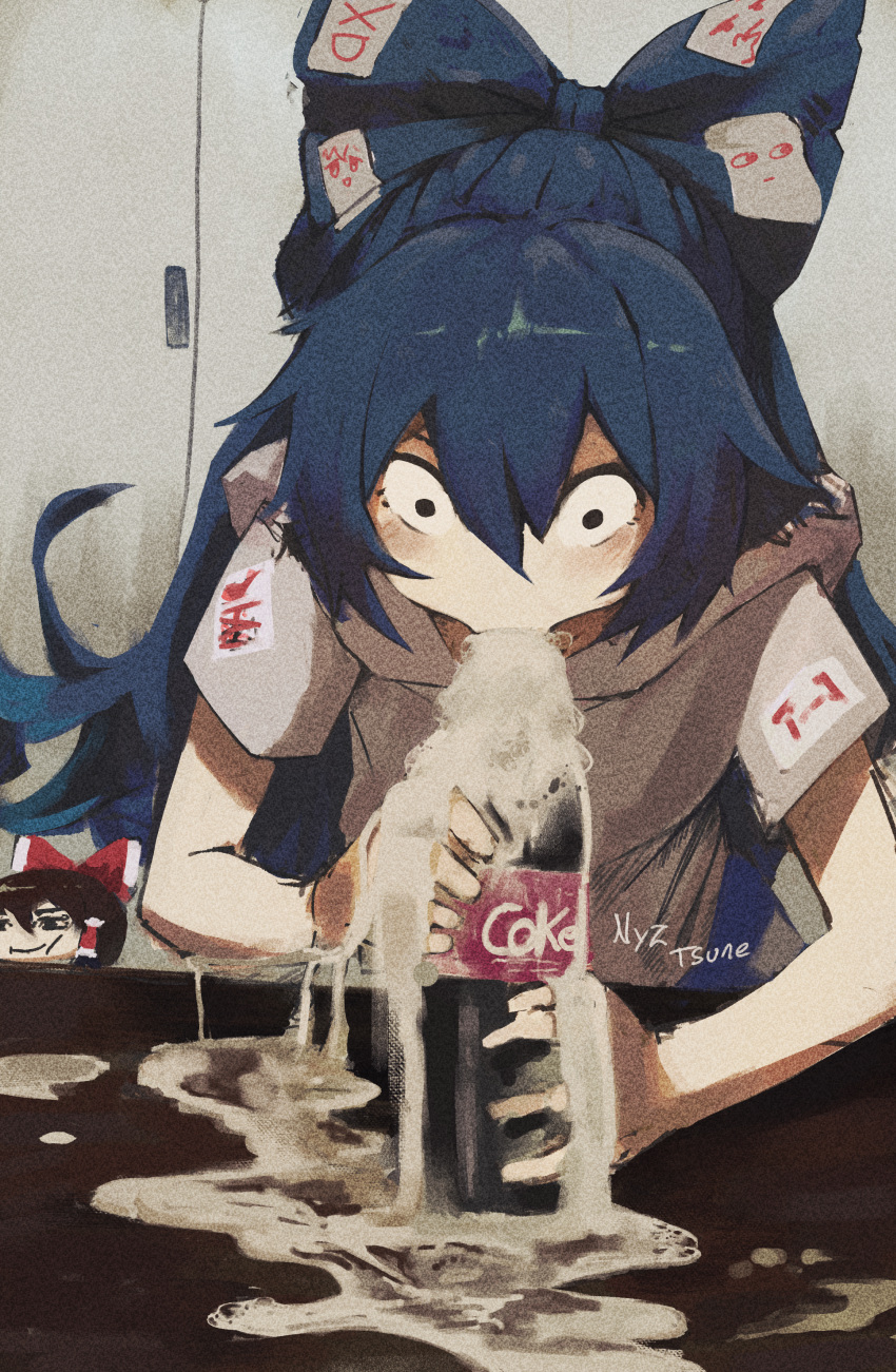 2girls absurdres artist_name black_eyes blue_bow blue_hair bow coca-cola constricted_pupils film_grain grey_hoodie hair_between_eyes hair_bow hakurei_reimu highres hood hood_down hoodie indoors long_hair meme multiple_girls nyztsune photo-referenced roblox roblox_man_face_(meme) short_sleeves soda_bottle solo_focus spill table touhou watermark wide-eyed yorigami_shion yukkuri_shiteitte_ne