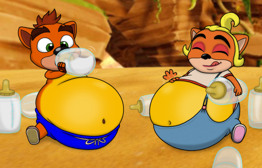 activision anthro baby baby_bottle bandicoot belly big_belly bottomwear clothed clothing coco_bandicoot crash_bandicoot crash_bandicoot_(series) crash_team_racing_nitro-fueled drinking duo female footwear male mammal marsupial milk mothman64 pants patting_belly shoes yellow_belly young