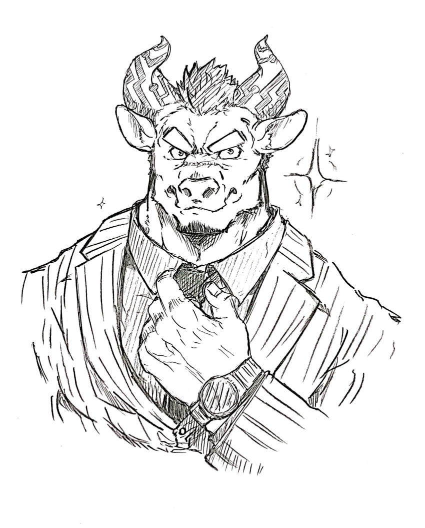 1boy adjusting_clothes adjusting_necktie animal_ears bara collared_shirt commentary_request cow_ears cow_horns facial_hair formal furry furry_male goatee graphite_(medium) gyumao_(housamo) highres horns lapels male_focus mature_male minotaur mohawk muscular muscular_male necktie notched_lapels photo_(medium) scar scar_on_face scar_on_nose shirt short_hair smile solo sparkle striped_suit suit takayo_(takayo0449) thick_eyebrows tokyo_afterschool_summoners traditional_media upper_body watch white_background wristwatch