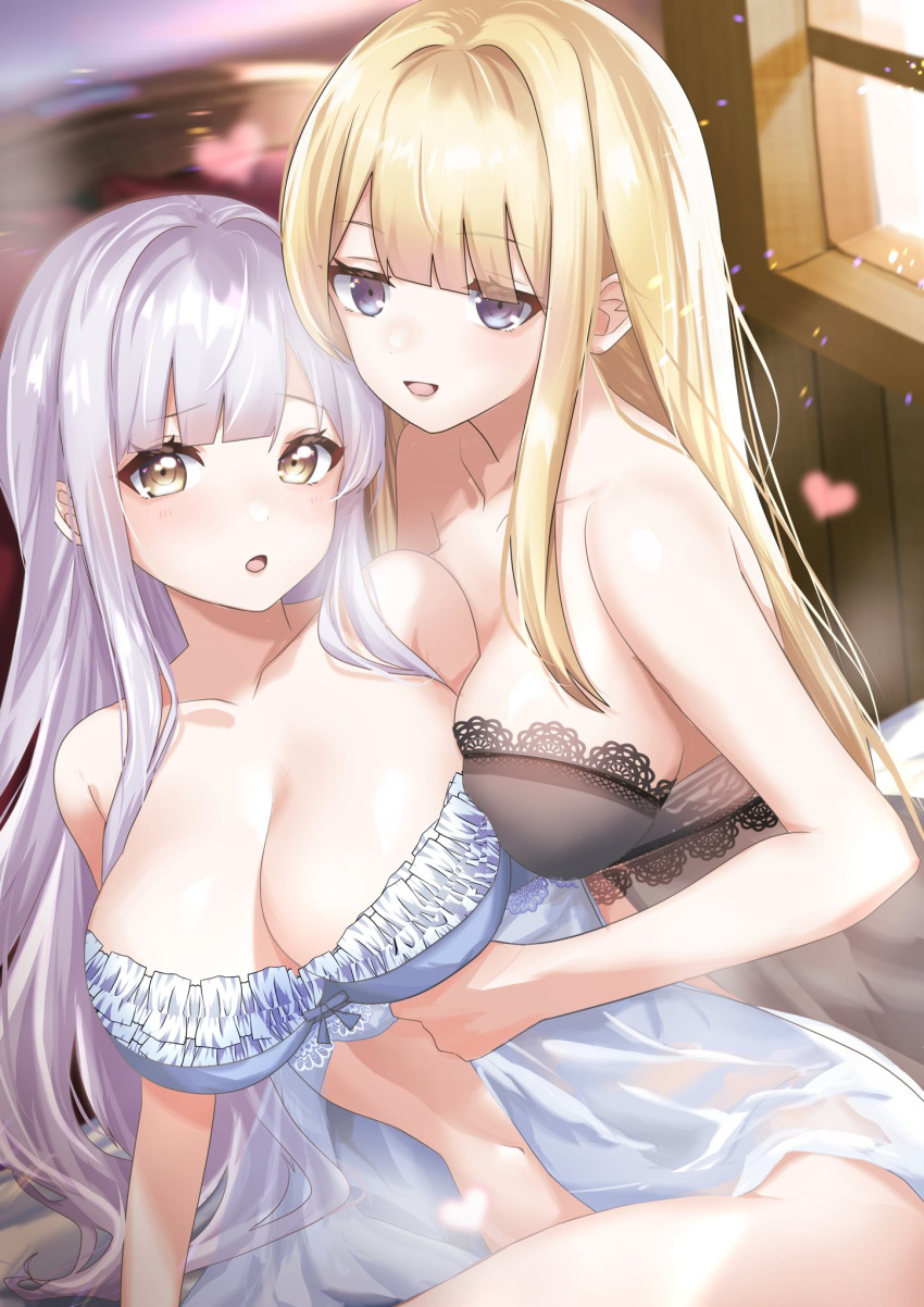 2girls arm_between_breasts assault_lily babydoll bare_arms bare_shoulders bed between_breasts black_babydoll blonde_hair blunt_bangs blurry blurry_background blush bottomless breasts cleavage collarbone commentary_request convenient_leg frilled_babydoll frills grey_babydoll grey_hair heart highres houji_tea_latte indoors kon_kanaho lace-trimmed_babydoll lace_trim large_breasts light_particles long_hair looking_at_viewer lying miyagawa_takane multiple_girls navel on_bed on_side parted_lips purple_eyes side-by-side sidelocks smile solo stomach strapless underwear underwear_only very_long_hair window yellow_eyes yuri