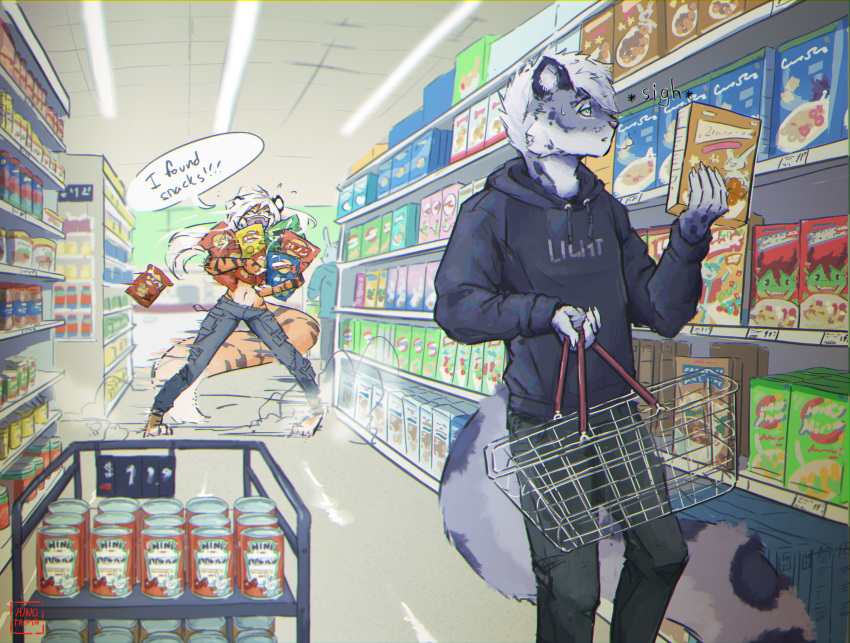 absurd_res aisle anthro basket blue_eyes bottomwear can cargo_pants cereal cereal_box chips_(food) claws claws_out clothing container duo fangs fangs_bared felid female food fur fur_markings grey_body grey_fur hair happy hi_res hinotama hoodie lightning_snow_leopard lights male male/female mammal markings multicolored_body multicolored_fur orange_body orange_fur pantherine pants pink_nose shelf shopping sigh sighing slide snacks snow_leopard soup striped_body striped_fur stripes sukena supermarket teeth tiger topwear two_tone_body two_tone_fur white_body white_fur white_hair