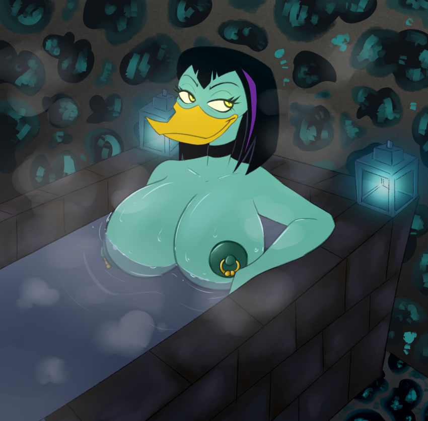 anatid anseriform anthro avian bath bathing big_breasts bird black_hair breasts disney duck ducktales ducktales_(2017) feathers green_body green_feathers green_nipples hair half-closed_eyes hi_res highlights_(coloring) huge_breasts lamp lantern magica_de_spell mr._blue_(artist) narrowed_eyes nipple_piercing nipple_ring nipples nude piercing purple_highlights ring_piercing short_hair smile solo steam water