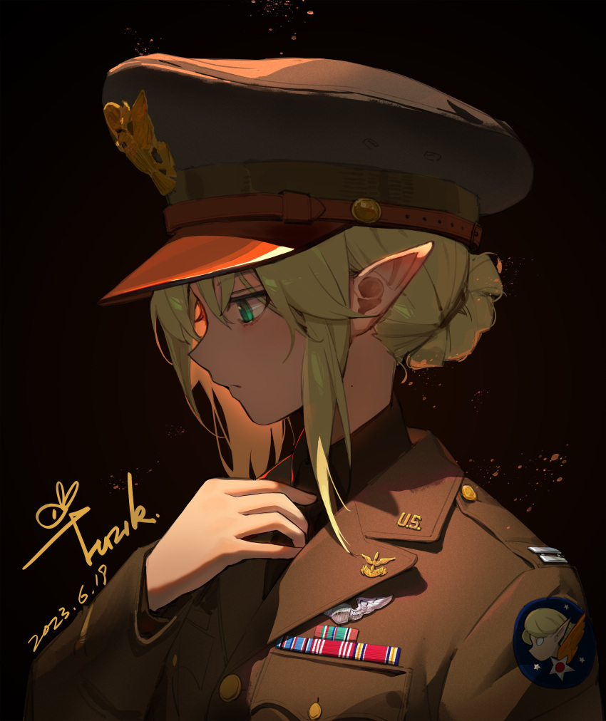 1girl absurdres adjusting_clothes adjusting_necktie artist_name black_background blonde_hair brown_jacket brown_shirt cape dated elf emblem green_eyes hat highres jacket military_hat military_uniform necktie original pointy_ears shirt solo tuziki_sang uniform united_states_air_force