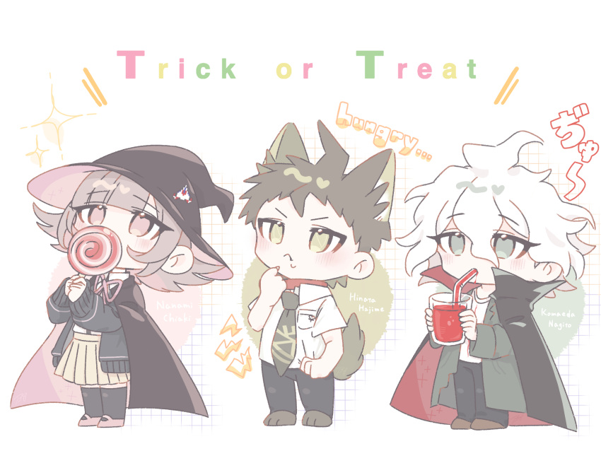 1girl 2boys ahoge animal_ears beri_ame black_cape black_headwear black_pants black_shirt black_thighhighs blood blush breast_pocket brown_hair brown_skirt candy cape collared_shirt cup danganronpa_(series) danganronpa_2:_goodbye_despair drinking fang flipped_hair food frown full_body galaga glass green_jacket green_necktie hair_ornament halloween_costume hat hat_ornament highres hinata_hajime holding holding_candy holding_cup holding_food holding_lollipop jacket komaeda_nagito lollipop looking_up messy_hair multiple_boys nanami_chiaki neck_ribbon necktie open_clothes open_jacket pants pink_eyes pink_footwear pink_ribbon pleated_skirt pocket ribbon shirt skirt standing tail thighhighs thinking trick_or_treat two-tone_shirt vampire white_hair white_shirt witch_hat wolf_boy wolf_ears wolf_tail