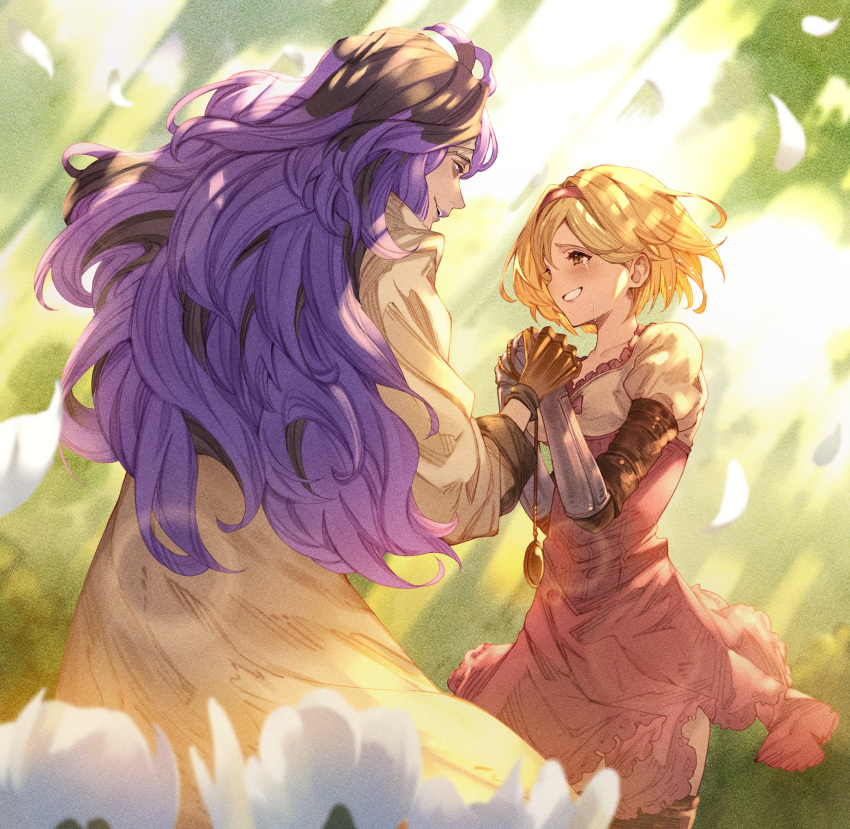1boy 1girl ayacho black_hair blonde_hair breasts brown_eyes brown_gloves coat cowboy_shot crying crying_with_eyes_open dappled_sunlight djeeta_(granblue_fantasy) eye_contact flower gauntlets gloves granblue_fantasy grin hairband high-waist_skirt highres holding_hands jewelry lens_flare locket long_hair long_sleeves looking_at_another looking_at_viewer multicolored_hair open_mouth orologia_(male) own_hands_together pendant petals pink_skirt purple_eyes purple_hair shirt short_hair skirt small_breasts smile standing sunlight tears two-tone_hair white_coat white_shirt
