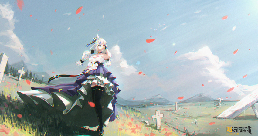1girl absurdres black_gloves black_thighhighs blue_sky breasts cloud cross day dress evening_gown facial_mark fish_g girls'_frontline gloves green_eyes hairband high-low_skirt highres hk416_(girls'_frontline) hk416_(starry_cocoon)_(girls'_frontline) large_breasts layered_dress long_hair multi-tied_hair multicolored_clothes multicolored_dress official_alternate_costume outdoors purple_dress sky solo standing strapless strapless_dress teardrop teardrop_tattoo thighhighs very_long_hair white_dress white_hairband