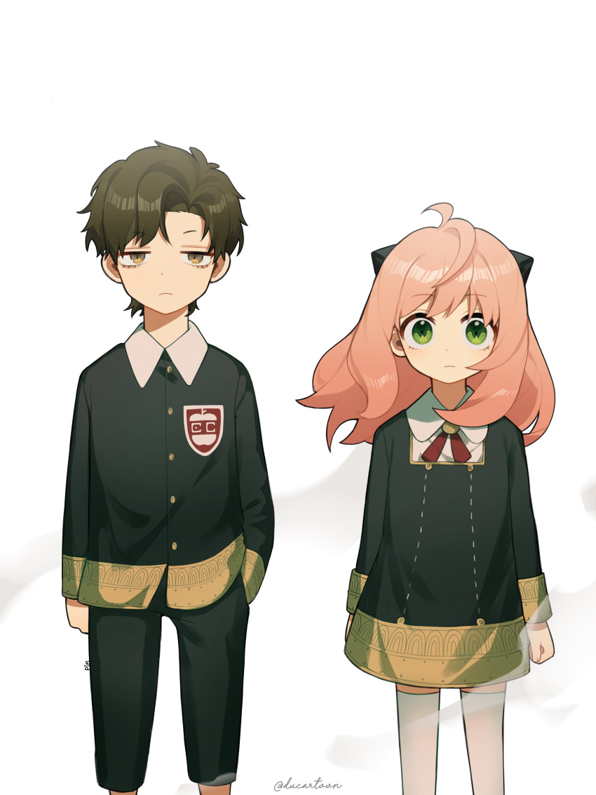 1boy 1girl absurdres aged_up ahoge anya_(spy_x_family) arms_at_sides black_pants brown_hair brown_necktie child collared_shirt damian_desmond dress ducartoon eden_academy_school_uniform feet_out_of_frame frown green_eyes hairpods hand_in_pocket highres long_hair long_sleeves looking_at_viewer necktie pants pink_hair school_uniform shirt short_hair simple_background spy_x_family thighhighs white_background white_thighhighs