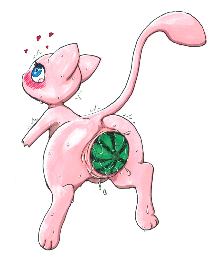 &lt;3 &lt;3_eyes absurd_res anal anal_penetration anus blush bodily_fluids butt female feral food fruit fruit_insertion generation_1_pokemon genital_fluids genitals hi_res hovering huge_penetration large_penetration legendary_pokemon melon mew_(pokemon) nintendo object_in_ass object_insertion penetration plant pokemon pokemon_(species) pushing pushing_out pussy pussy_juice shaking shivering solo spreading stretched_anus tears traditional_media_(artwork) vegetable watermelon yang_(artist)