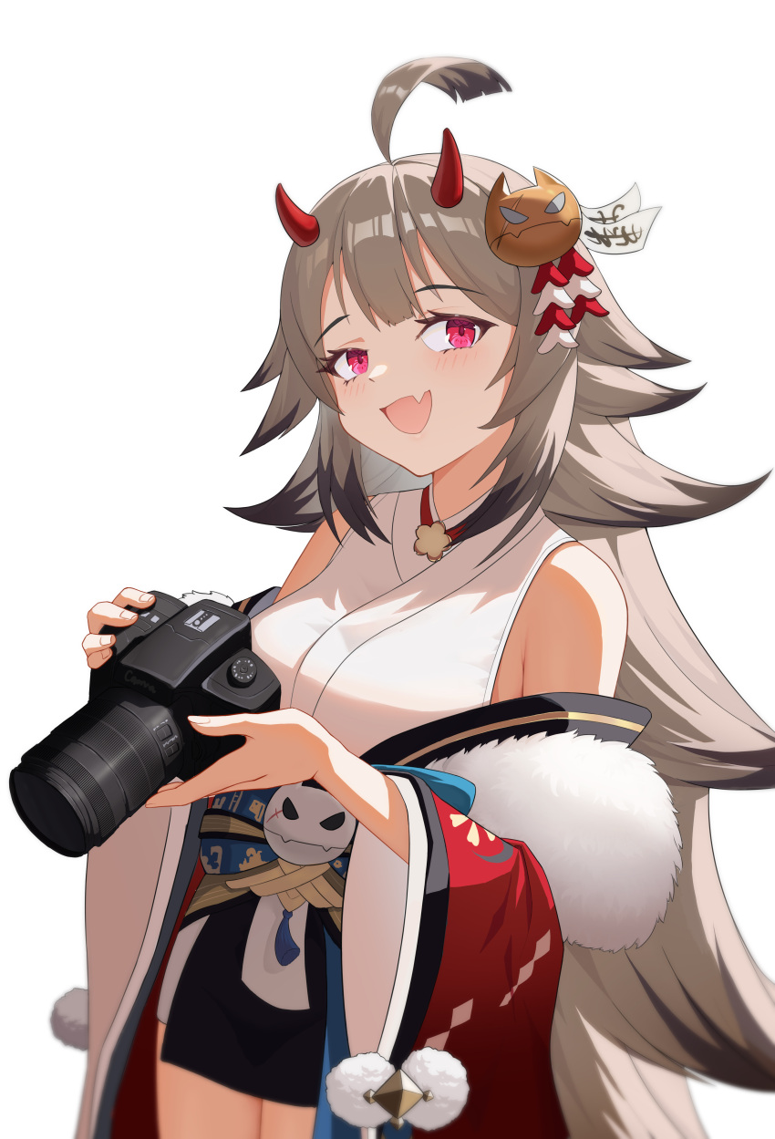 1girl :d absurdres ahoge alexhiro azur_lane bare_shoulders breasts brown_hair camera detached_sleeves fang hibiki_(azur_lane) highres holding holding_camera horns japanese_clothes kimono looking_back obi open_clothes pink_eyes red_sleeves sash simple_background skin_fang smile solo spiked_hair white_background wide_sleeves