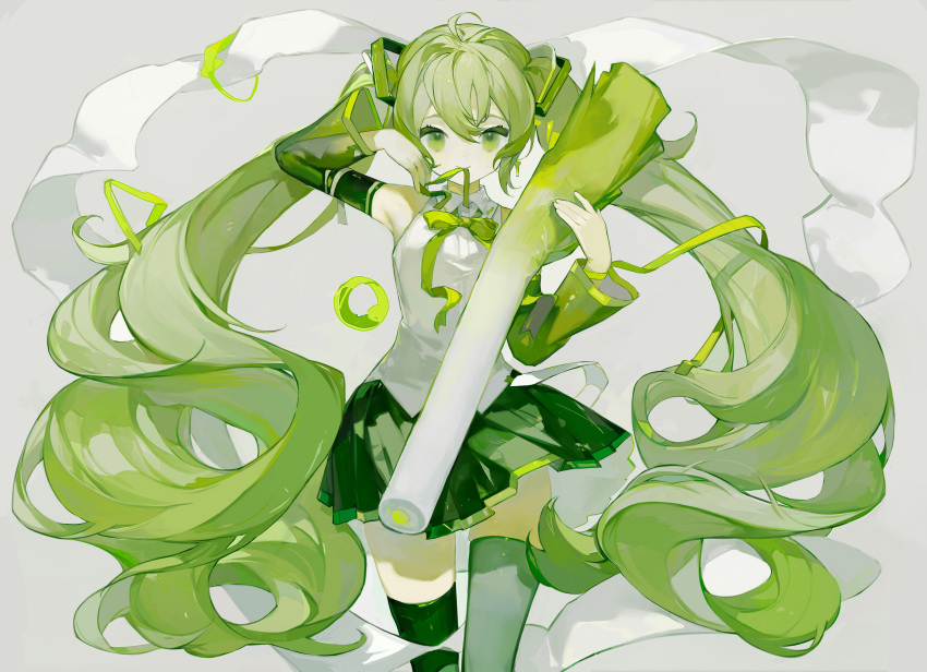 1girl absurdres artist_name detached_sleeves food green_eyes green_hair green_ribbon green_skirt green_theme green_thighhighs hair_tie hatsune_miku highres holding holding_food holding_vegetable kikihuihui long_hair long_sleeves miniskirt monochrome neck_ribbon oversized_food oversized_object pleated_skirt ribbon sidelocks skirt solo spring_onion thighhighs twintails vegetable very_long_hair vocaloid zettai_ryouiki