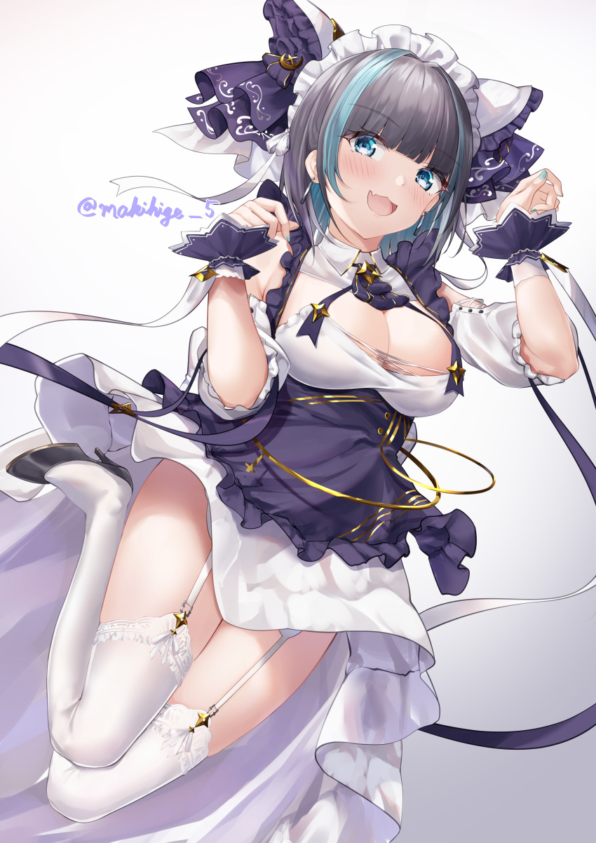 1girl absurdres animal_ears apron aqua_nails artist_name azur_lane black_footwear blue_eyes blue_hair breasts cheshire_(azur_lane) cleavage detached_sleeves dress fake_animal_ears fang frilled_hairband frilled_ribbon frills garter_straps hairband highres large_breasts long_ribbon looking_at_viewer maid maid_headdress makihige multicolored_hair one_eye_closed paw_pose puffy_detached_sleeves puffy_sleeves purple_apron purple_hair ribbon skin_fang solo streaked_hair thighhighs white_dress white_thighhighs wrist_cuffs