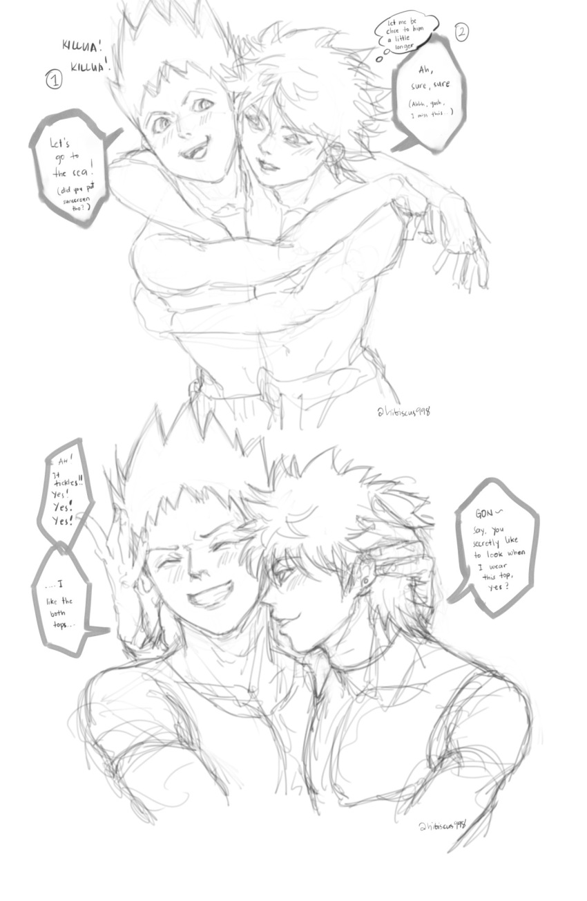 2boys black_hair gon_freecss greyscale hibiscus998 highres hug hunter_x_hunter killua_zoldyck male_focus monochrome multiple_boys shirt short_hair sketch smile speech_bubble spiked_hair white_background white_hair yaoi