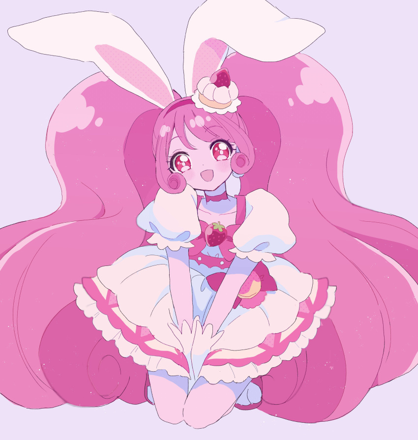 1girl absurdres animal_ears blush bow cake cake_hair_ornament choker cure_whip dress earrings extra_ears eyelashes food food-themed_hair_ornament food-themed_ornament frills fruit_brooch gloves hair_ornament highres jewelry kirakira_precure_a_la_mode kneeling long_hair looking_at_viewer magical_girl open_mouth pink_choker pink_eyes pink_hair pom_pom_(clothes) pom_pom_earrings precure rabbit_ears simple_background smile solo strawberry_brooch strawberry_shortcake tapi_(pnkt_yksb) twintails usami_ichika white_gloves