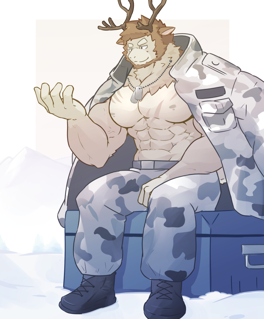 2023 abs absurd_res anthro antlers beard biceps boots bottomwear box brown_body brown_fur brown_hair camo camo_bottomwear camo_clothing camo_jacket camo_pants camo_print capreoline chest_scar clothing container deer dog_tags facial_hair footwear fur hair hand_out hi_res horn jacket_on_shoulders jaguk9481 male mammal muscular muscular_anthro muscular_male neck_tuft obliques owen_brayden pants pattern_bottomwear pattern_clothing pattern_pants pecs reindeer scar shirtless sitting_on_container smile snow solo tuft