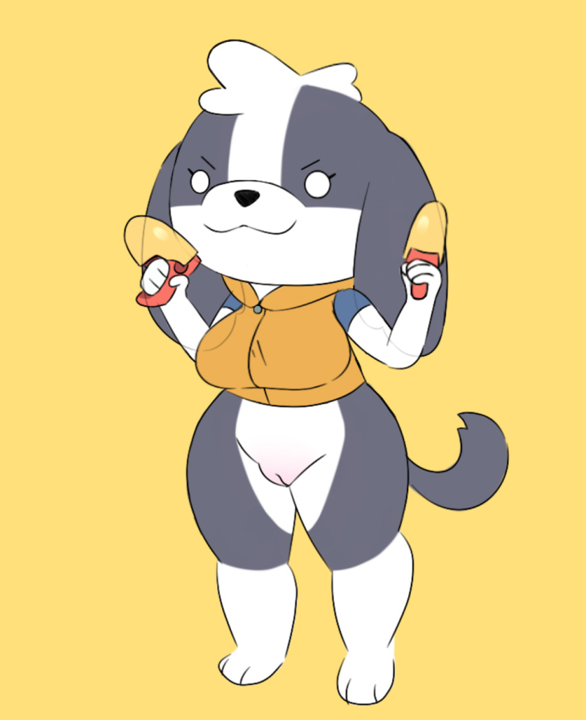 anthro big_breasts bottomless bottomless_anthro bottomless_female breasts canid canine canis clothed clothing cute_expression dogs_in_space domestic_dog female fur genitals hi_res holding_object holding_weapon mammal netflix nomi_(dogs_in_space) pussy shih_tzu short_stack solo sssoulseal tail thick_thighs topwear topwear_only toy_dog weapon wide_hips