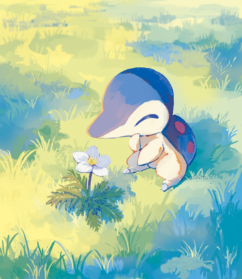 absurdres closed_eyes cyndaquil day flower grass hand_up highres nashiro_o77o no_humans outdoors pokemon pokemon_(creature) solo standing watermark white_flower