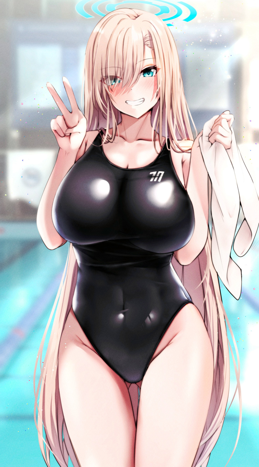 1girl absurdres aga_marino alternate_costume aqua_eyes asuna_(blue_archive) asymmetrical_bangs black_one-piece_swimsuit blonde_hair blue_archive blurry blurry_background blush breasts cleavage collarbone competition_swimsuit covered_navel grin halo hands_up highres holding holding_towel large_breasts long_hair looking_at_viewer one-piece_swimsuit parted_lips pool smile solo swimsuit teeth thigh_gap thighs towel v water